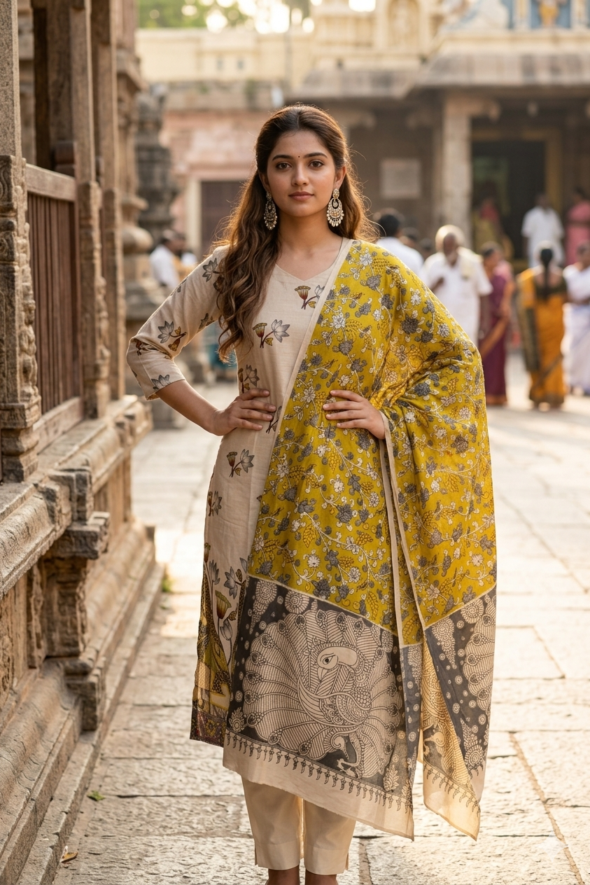 Beige Lotus Kurti & Mustard Kalamkari Dupatta (IB0521)