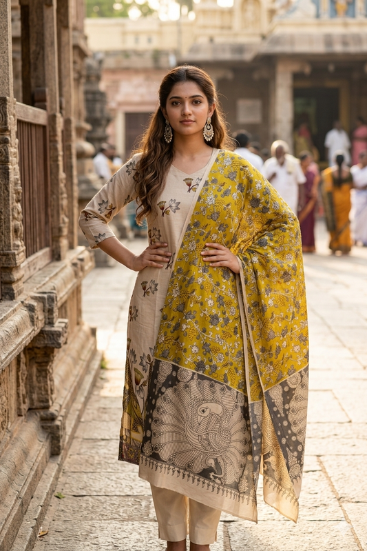 Beige Lotus Kurti & Mustard Kalamkari Dupatta (IB0521)