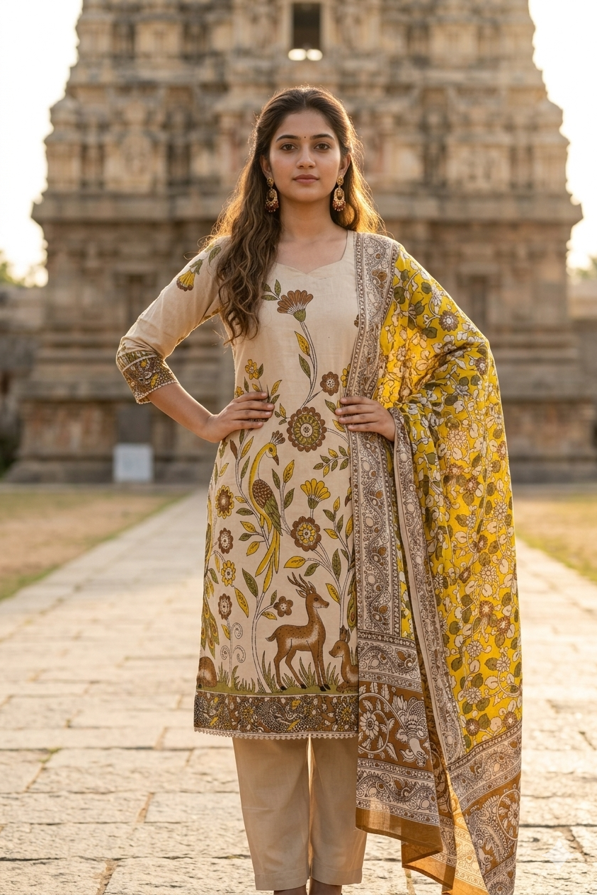 Beige Kalamkari Peacock & Deer Print Cotton duppata set (IB0522)
