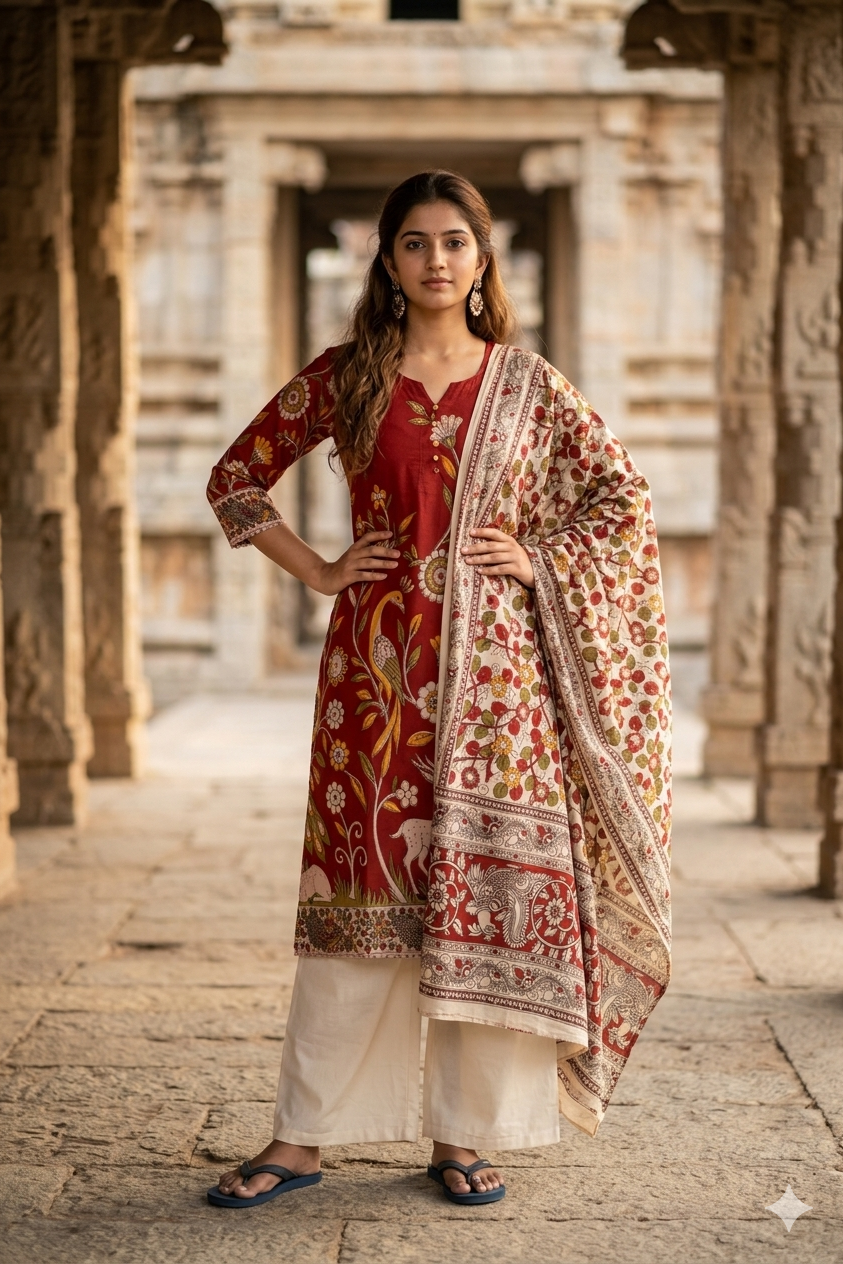 Deep Red & Cream Kalamkari Peacock Print Kurti Dupatta Set (IB0523)
