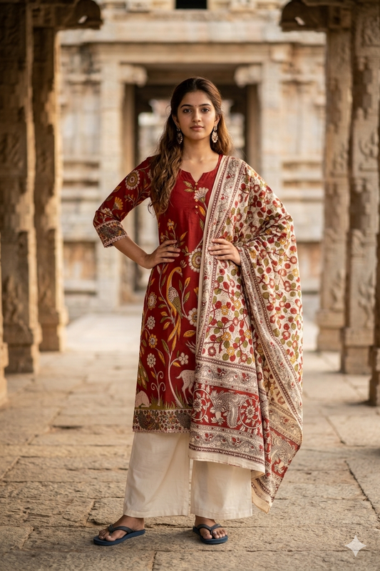 Deep Red & Cream Kalamkari Peacock Print Kurti Dupatta Set (IB0523)