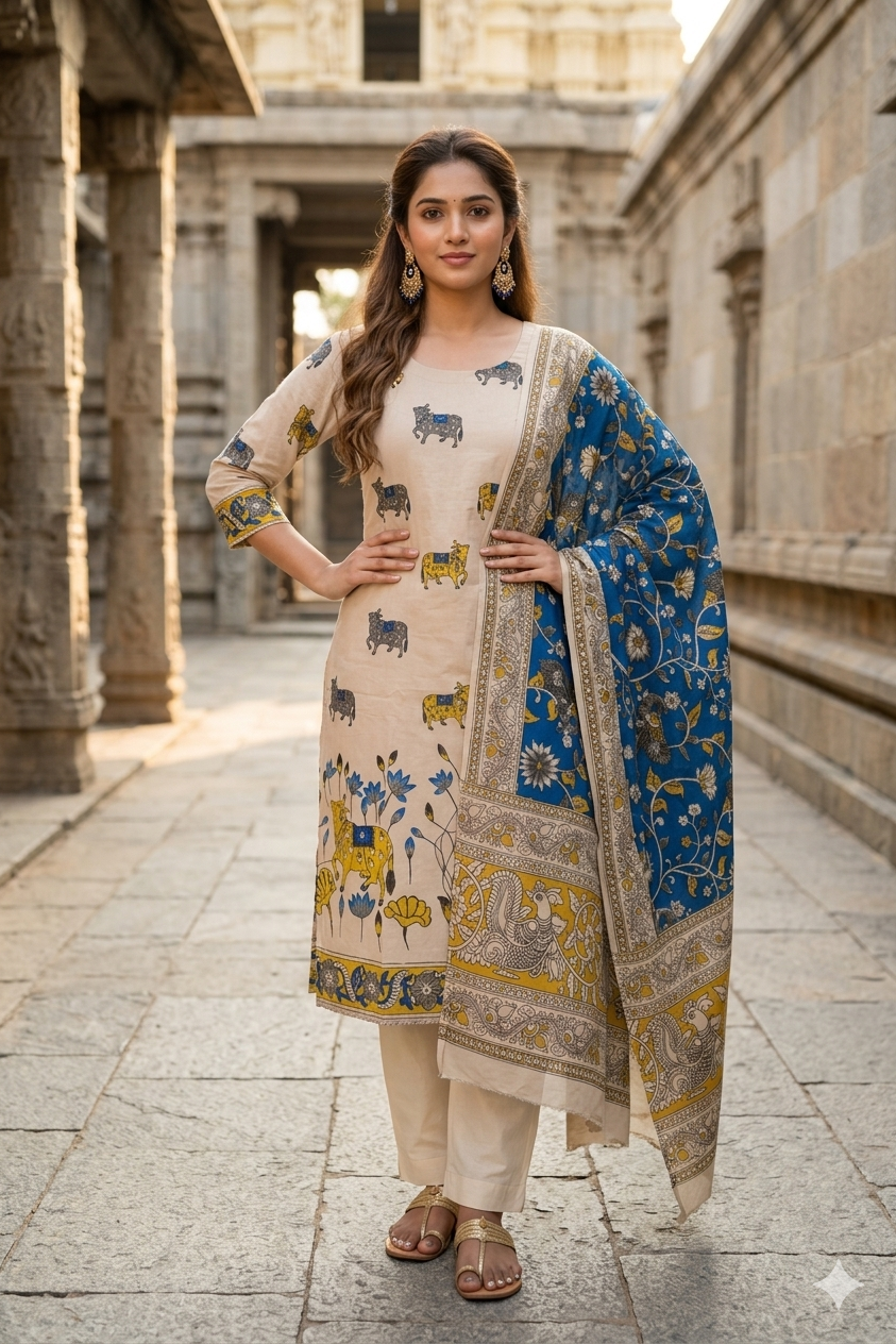 Beige Nandi Cow & Lotus Motif Straight Kurti Dupatta Set (IB0524)