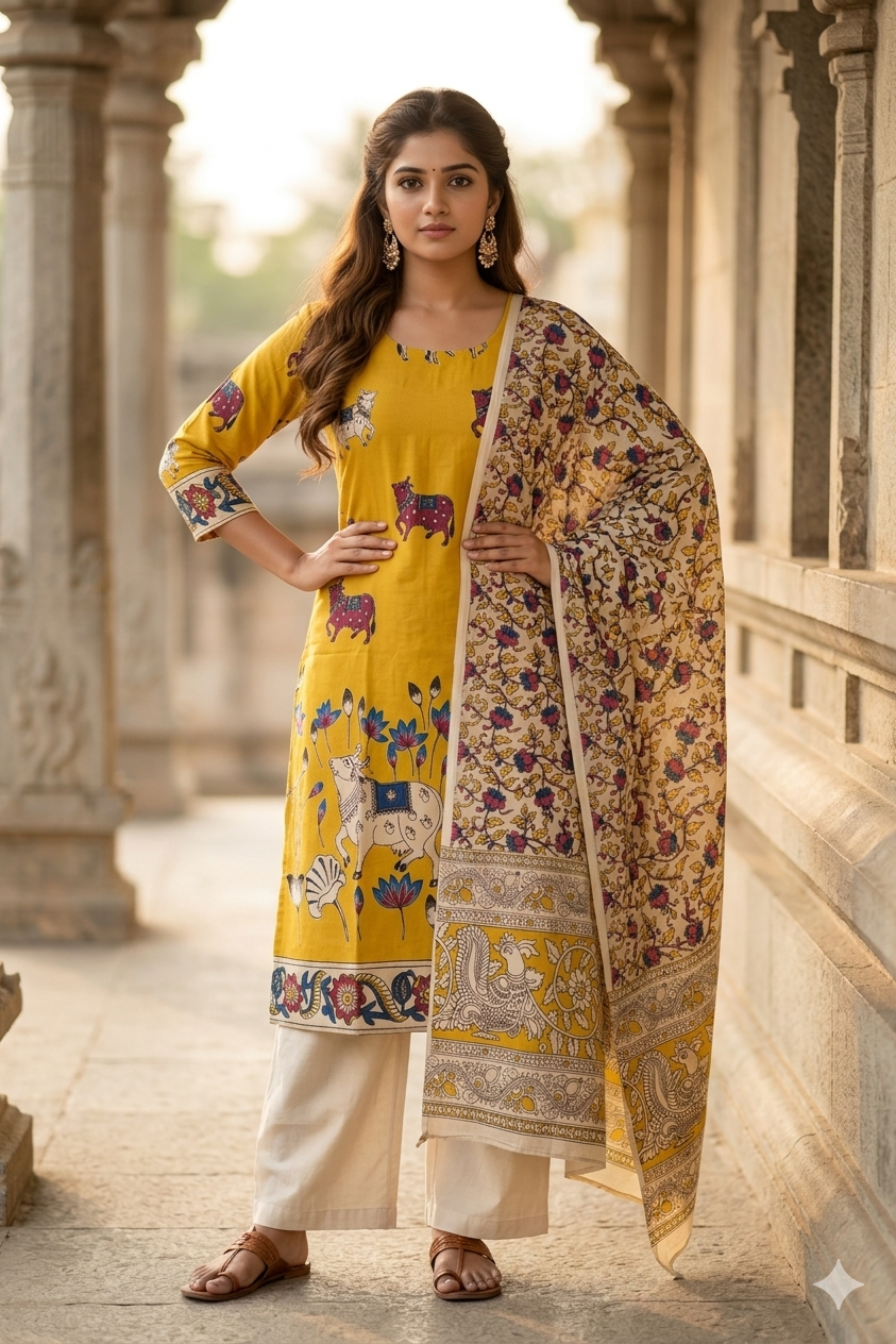 Mustard Yellow Pichwai Nandi Print Kalamkari Set With Dupatta (IB0525)