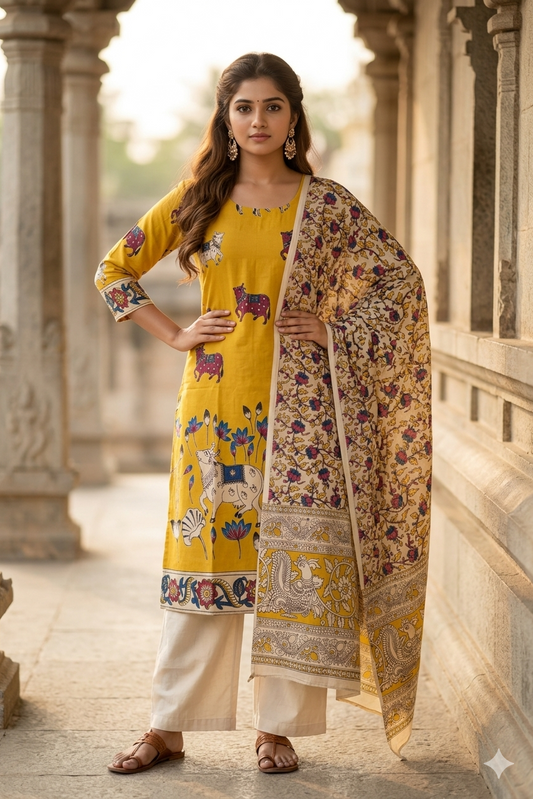 Mustard Yellow Pichwai Nandi Print Kalamkari Set With Dupatta (IB0525)