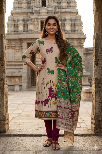 Beige Pichwai Nandi Kurti with Contrast Green Kalamkari Dupatta (IB0526)