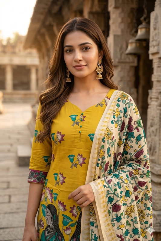 Mustard Yellow Kalamkari Cotton Kurti Set with Printed Dupatta (IB0516)