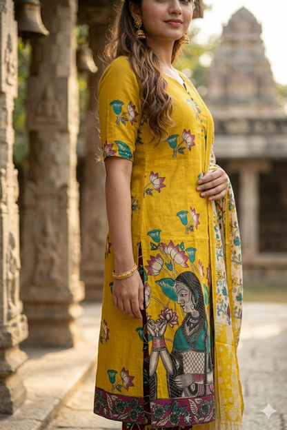 Mustard Yellow Kalamkari Cotton Kurti Set with Printed Dupatta (IB0516)