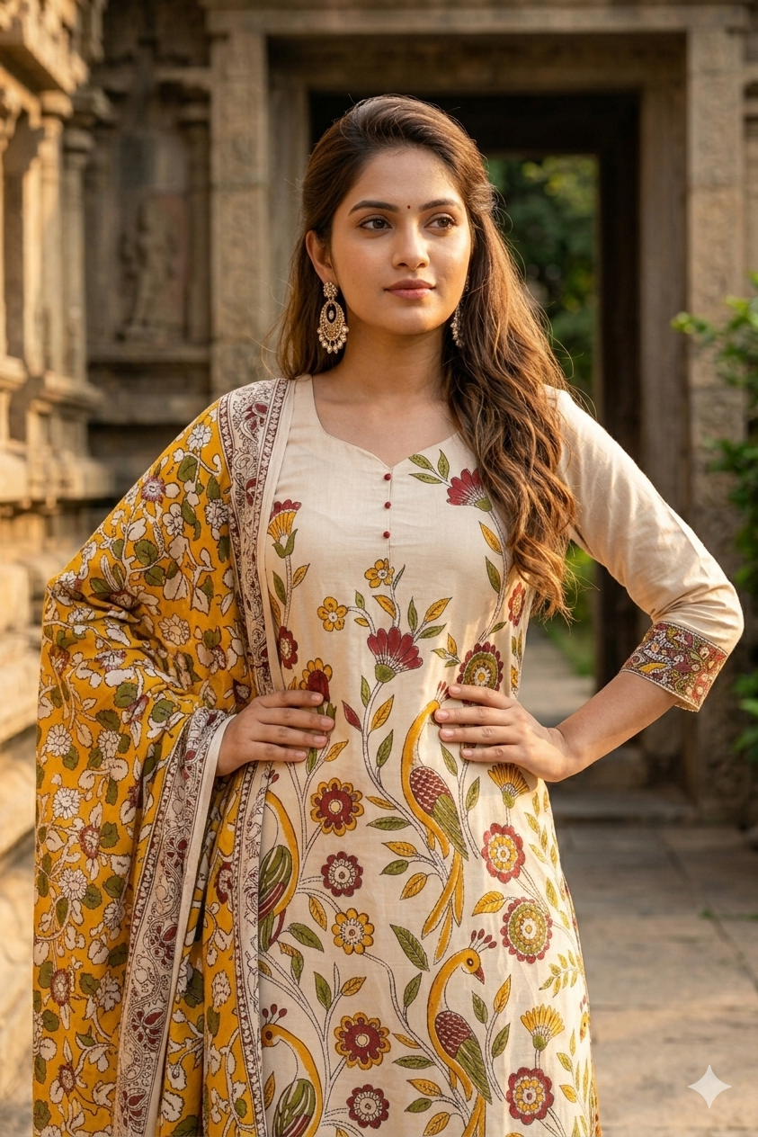 Heritage Kalamkari Peacock Floral Print Kurti & Dupatta Set (IB0517)