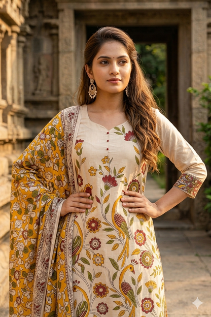 Heritage Kalamkari Peacock Floral Print Kurti & Dupatta Set (IB0517)
