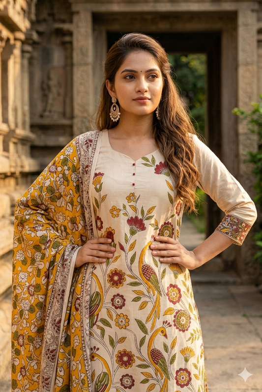 Heritage Kalamkari Peacock Floral Print Kurti & Dupatta Set (IB0517)