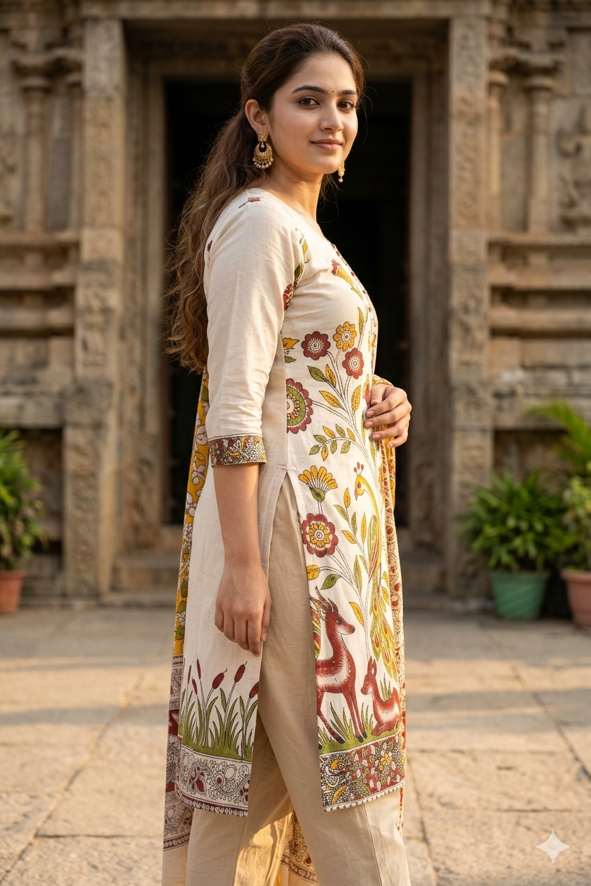 Heritage Kalamkari Peacock Floral Print Kurti & Dupatta Set (IB0517)