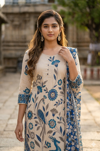 Indigo Blossom Kalamkari Cotton Kurta & Dupatta Set (IB0518)