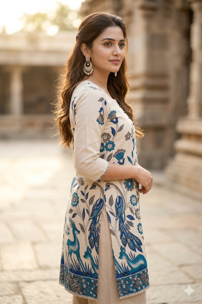 Indigo Blossom Kalamkari Cotton Kurta & Dupatta Set (IB0518)