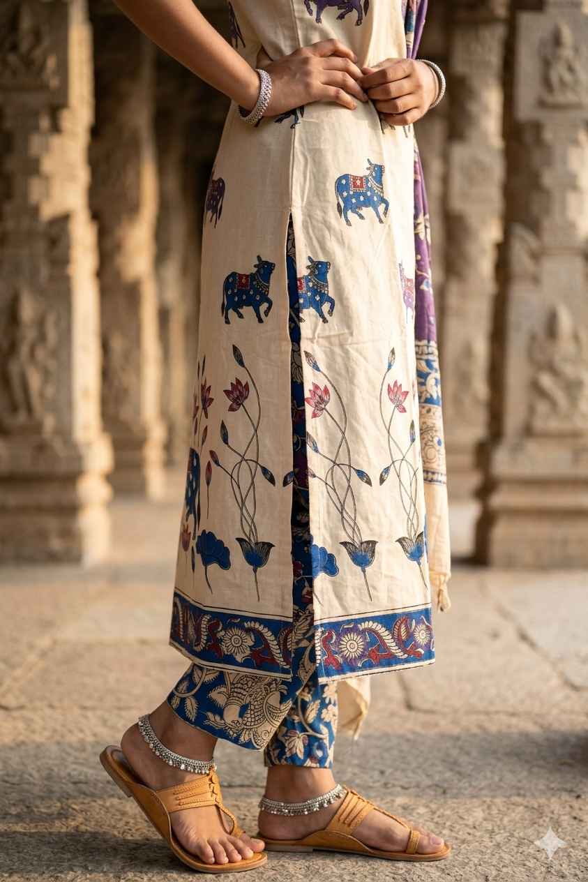 Beige Kalamkari Nandi Print Cotton Kurti with Floral Dupatta (IB0519)