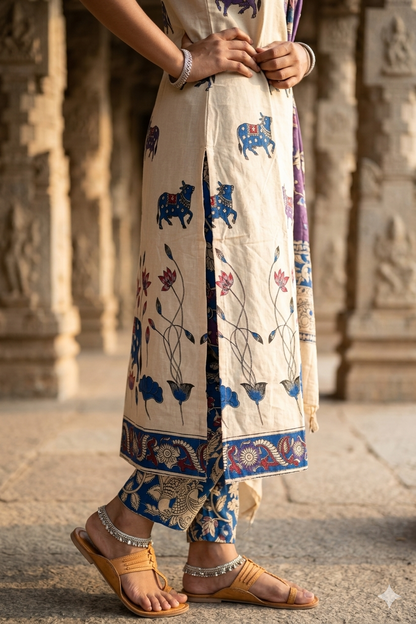 Beige Kalamkari Nandi Print Cotton Kurti with Floral Dupatta (IB0519)