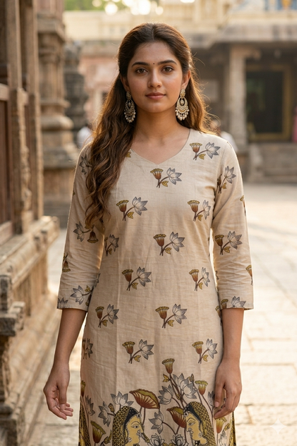 Beige Lotus Kurti & Mustard Kalamkari Dupatta (IB0521)