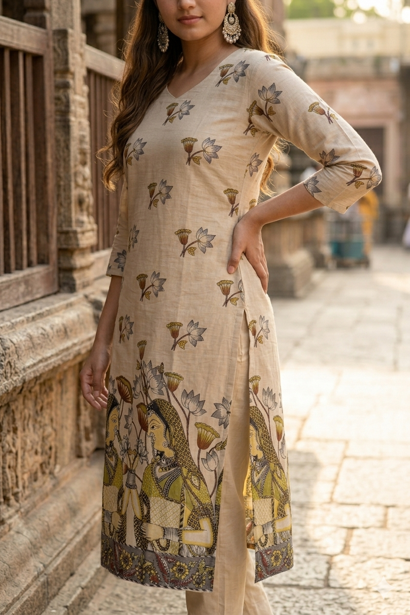 Beige Lotus Kurti & Mustard Kalamkari Dupatta (IB0521)