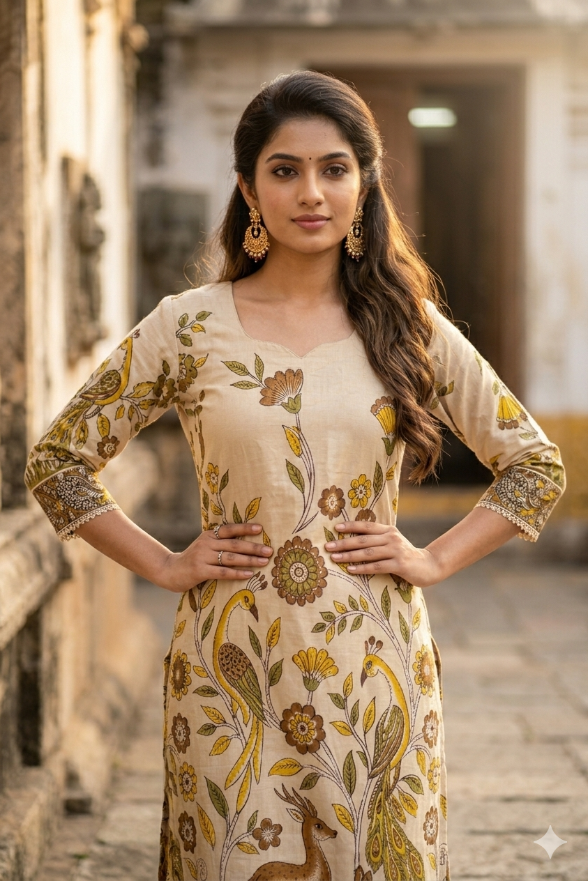 Beige Kalamkari Peacock & Deer Print Cotton duppata set (IB0522)