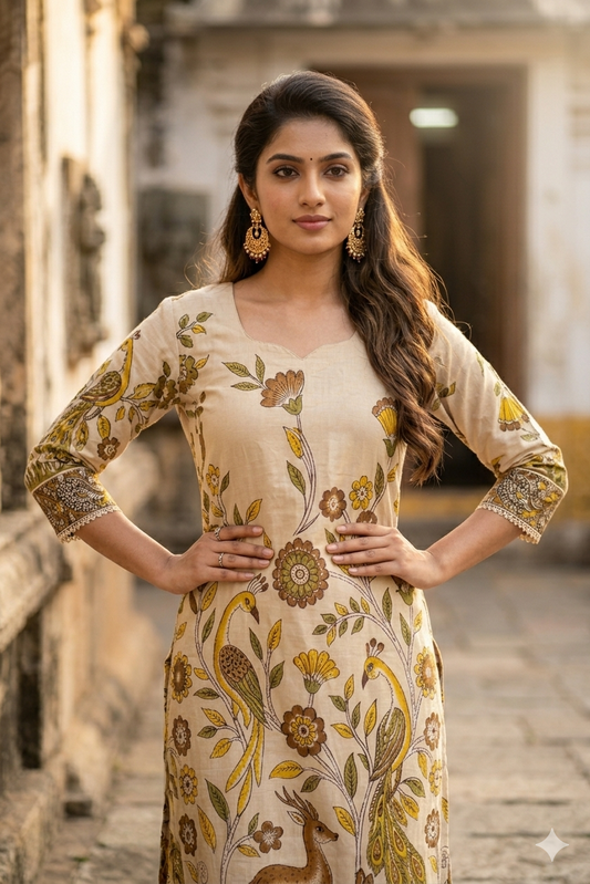 Beige Kalamkari Peacock & Deer Print Cotton duppata set (IB0522)