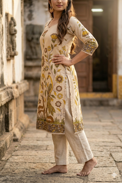 Beige Kalamkari Peacock & Deer Print Cotton duppata set (IB0522)