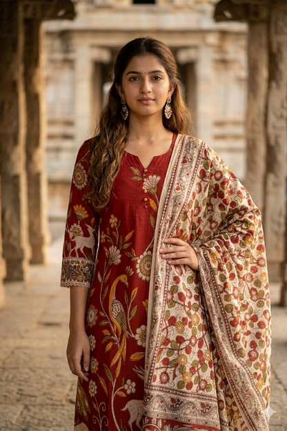 Deep Red & Cream Kalamkari Peacock Print Kurti Dupatta Set (IB0523)