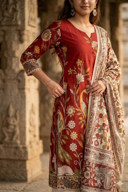 Deep Red & Cream Kalamkari Peacock Print Kurti Dupatta Set (IB0523)