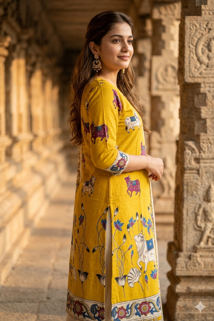 Mustard Yellow Pichwai Nandi Print Kalamkari Set With Dupatta (IB0525)