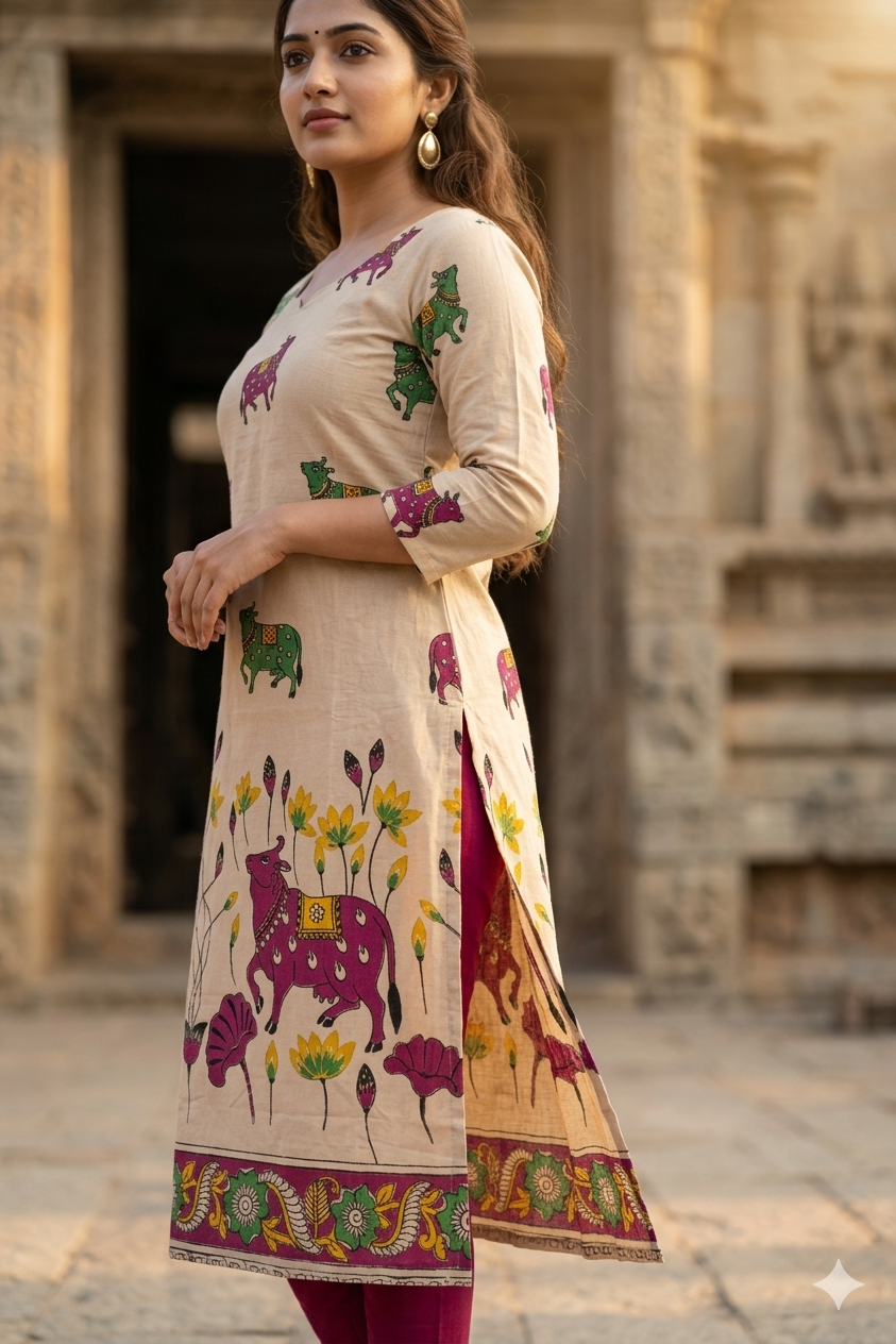 Beige Pichwai Nandi Kurti with Contrast Green Kalamkari Dupatta (IB0526)