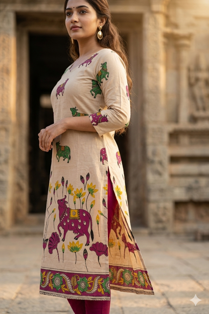 Beige Pichwai Nandi Kurti with Contrast Green Kalamkari Dupatta (IB0526)