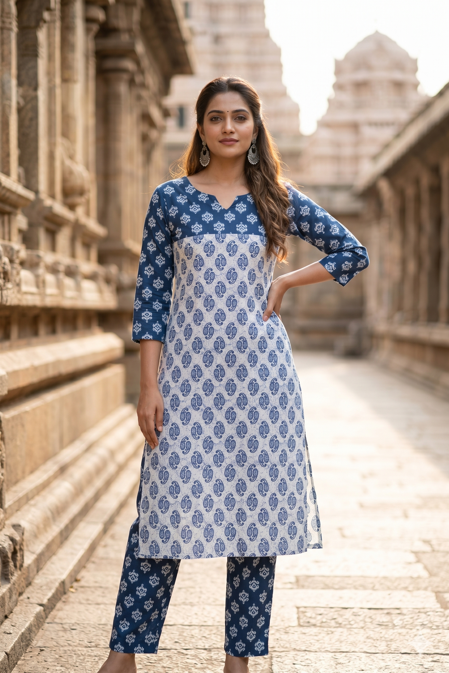 Indigo Blue Paisley and Ikat Motif Cotton Co-ord Set (IB0432)