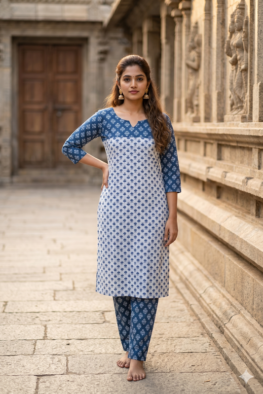 Indigo Floral Block Print Straight Cotton Co-ord Set (IB0433)