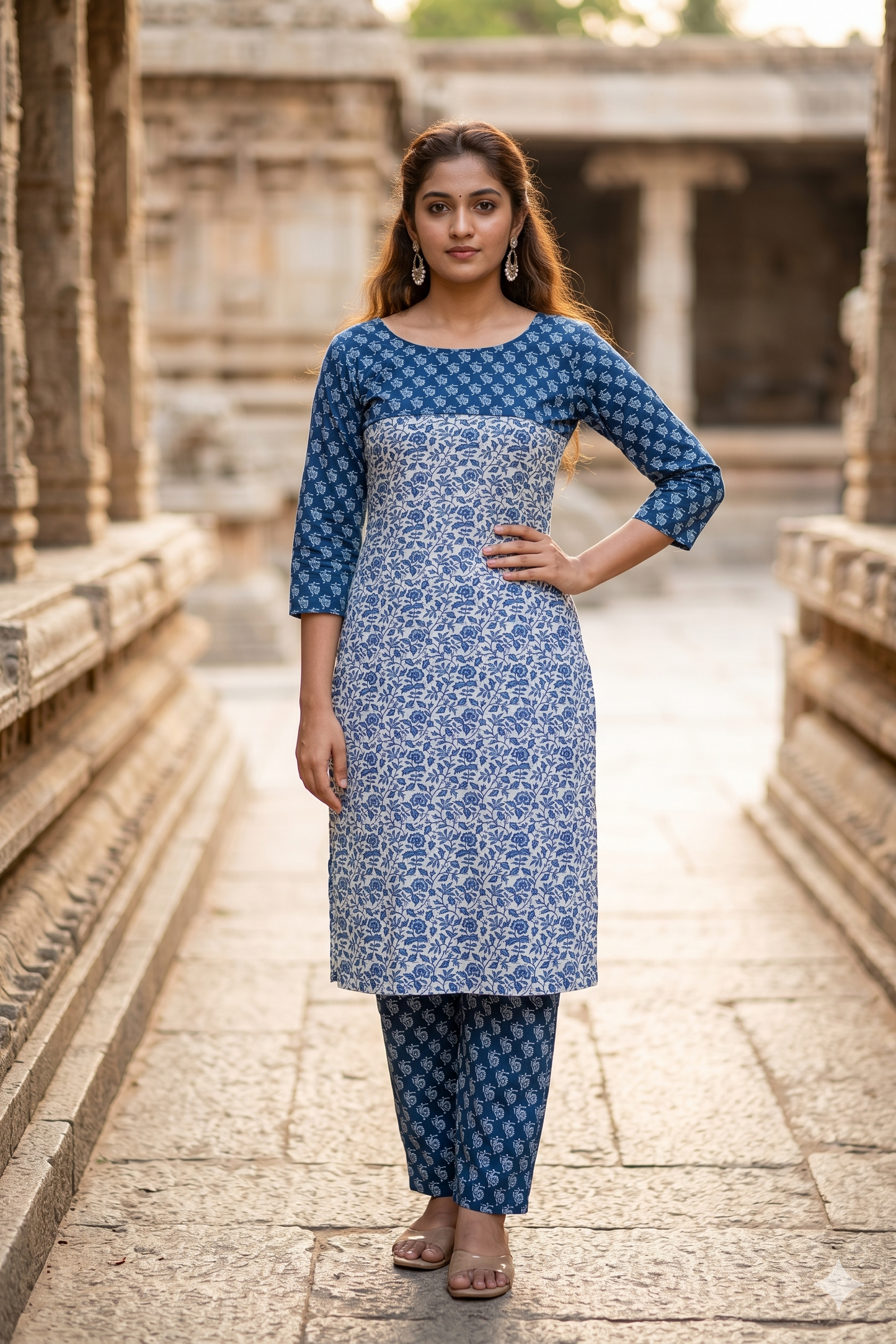Classic Indigo and White Kalamkari Printed Cotton Co-ord Set (IB0434)