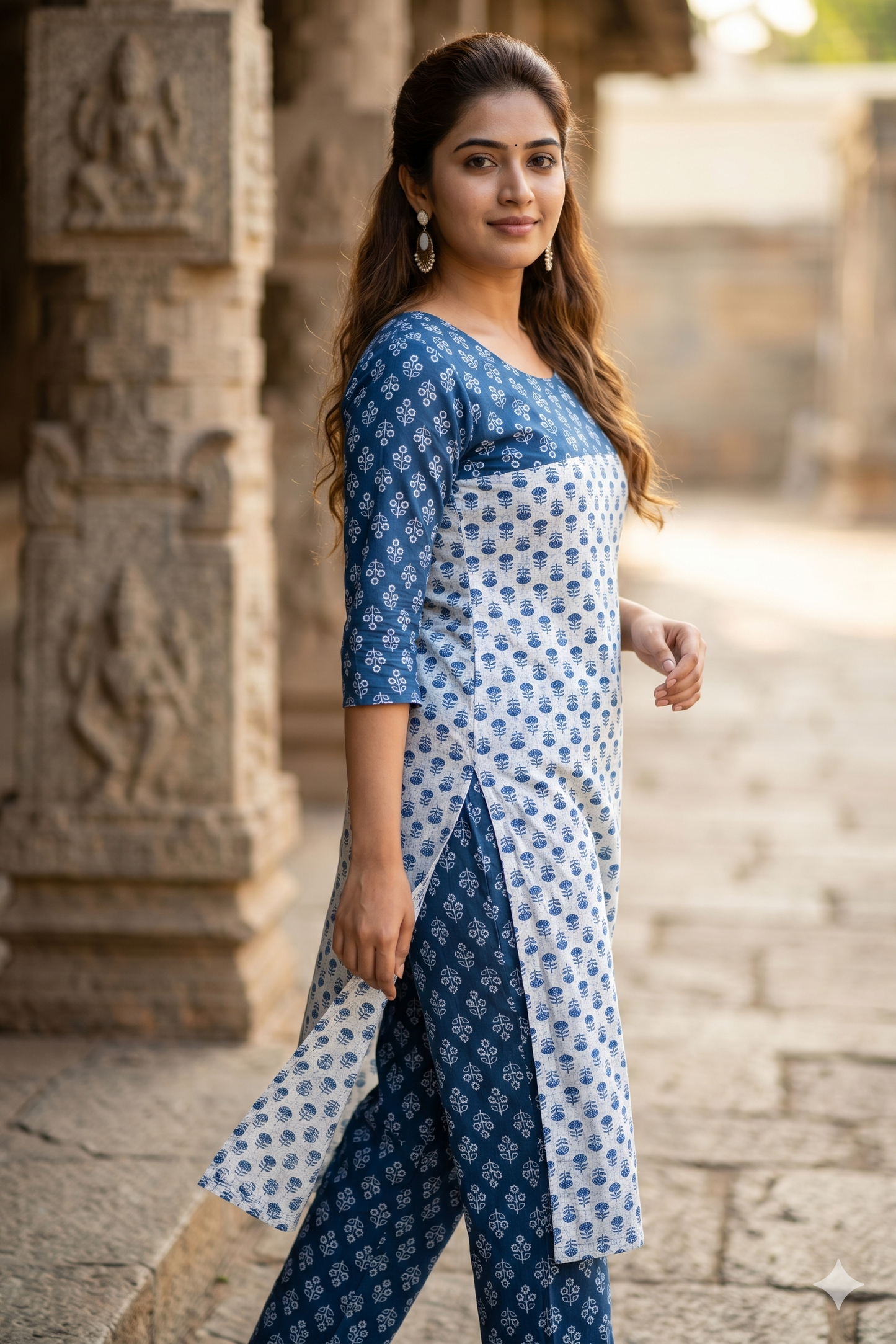 Indigo Floral Block Print Straight Cotton Co-ord Set (IB0433)