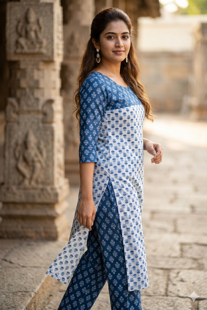 Indigo Floral Block Print Straight Cotton Co-ord Set (IB0433)