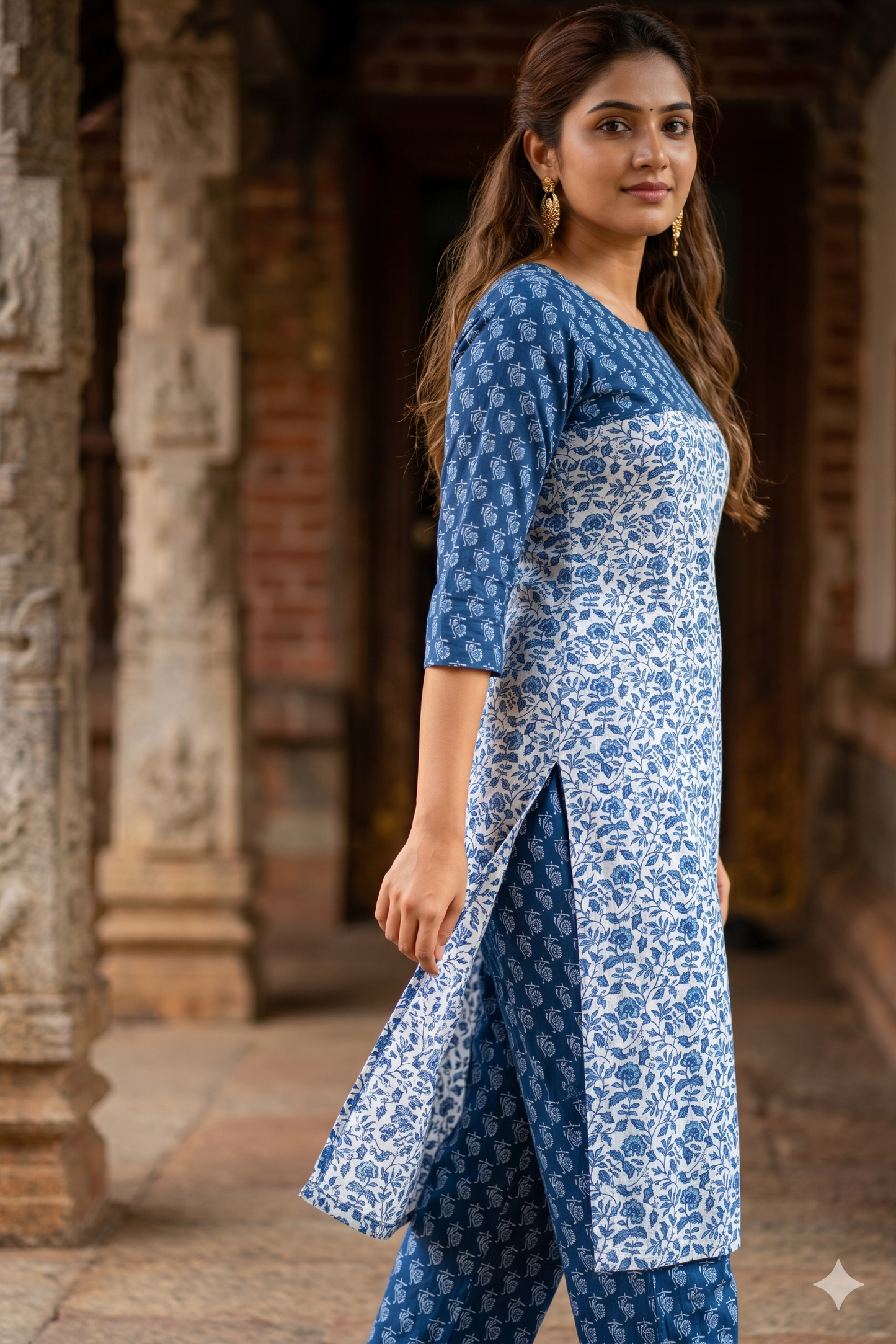 Classic Indigo and White Kalamkari Printed Cotton Co-ord Set (IB0434)