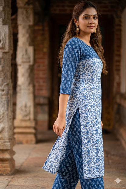 Classic Indigo and White Kalamkari Printed Cotton Co-ord Set (IB0434)