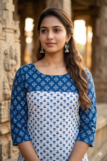 Indigo Floral Block Print Straight Cotton Co-ord Set (IB0433)