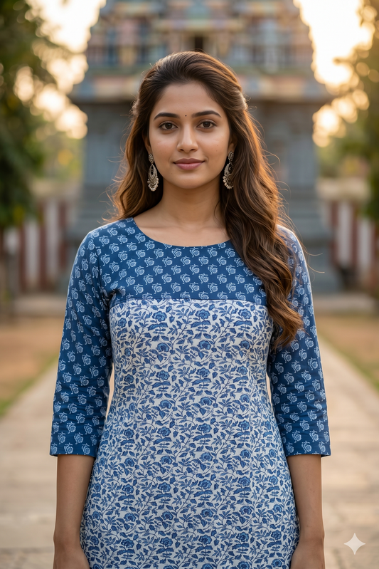 Classic Indigo and White Kalamkari Printed Cotton Co-ord Set (IB0434)