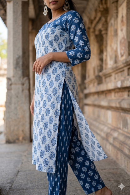Indigo Blue Paisley and Ikat Motif Cotton Co-ord Set (IB0432)