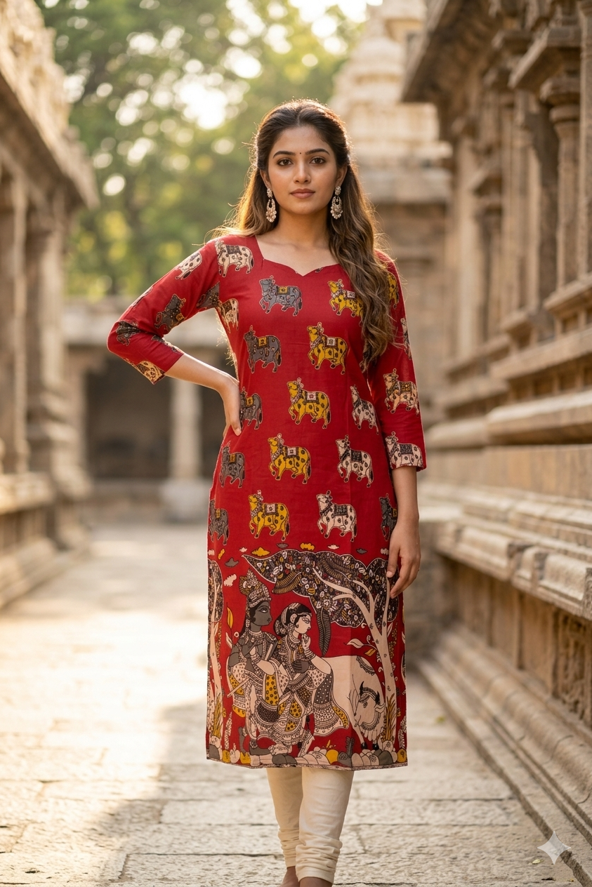 Maroon Kalamkari Cow Print Cotton Kurti (IB0445)