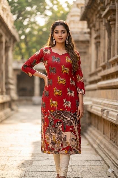 Maroon Kalamkari Cow Print Cotton Kurti (IB0445)