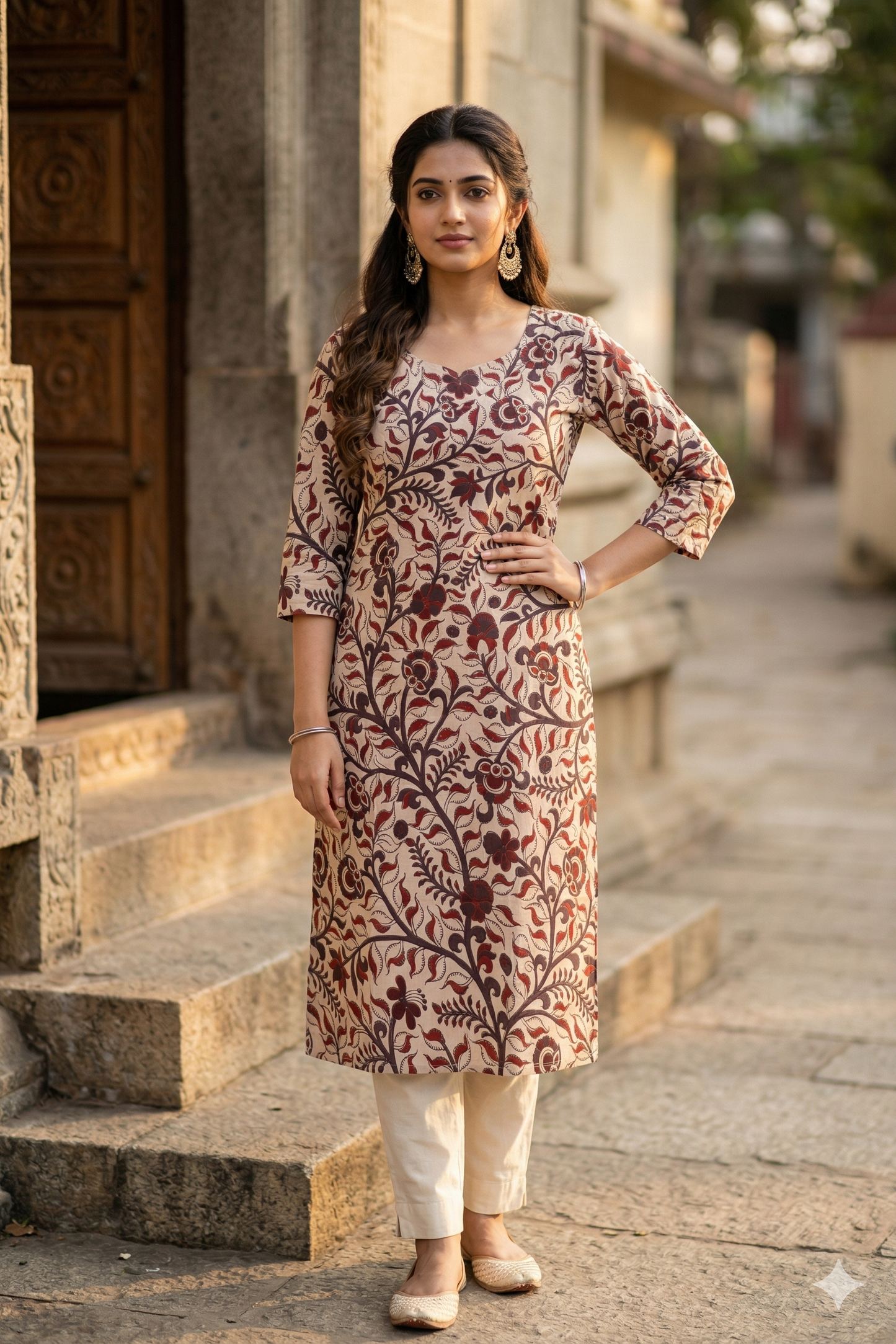 Cream & Terracotta Kalamkari (IB0330)