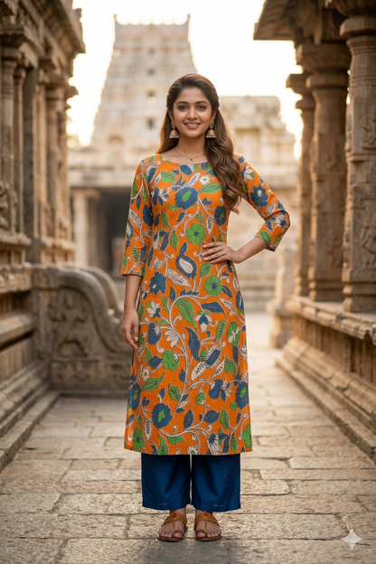 Orange Multi-Color Floral Kalamkari (IB0332)