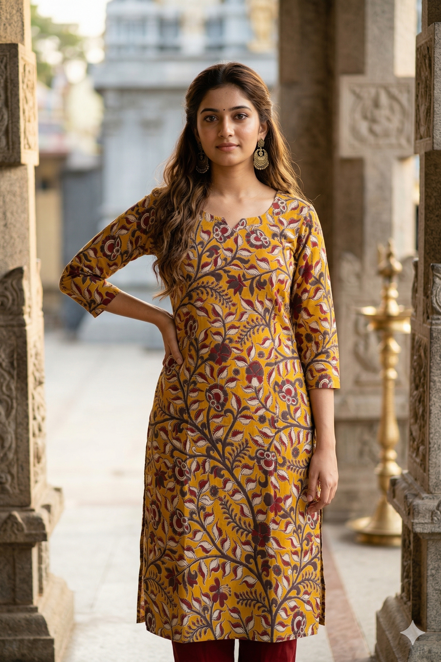 Mustard Yellow Floral Kalamkari (IB0336)