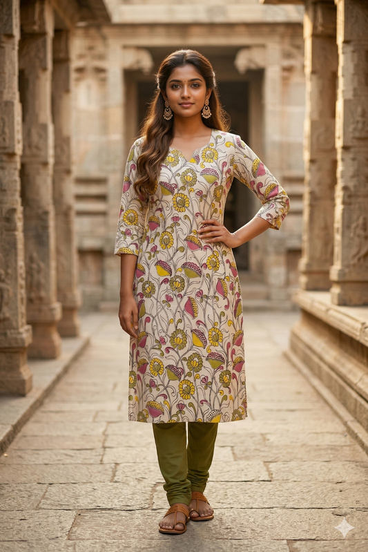 Cream & Mustard Floral Kalamkari (IB0338)
