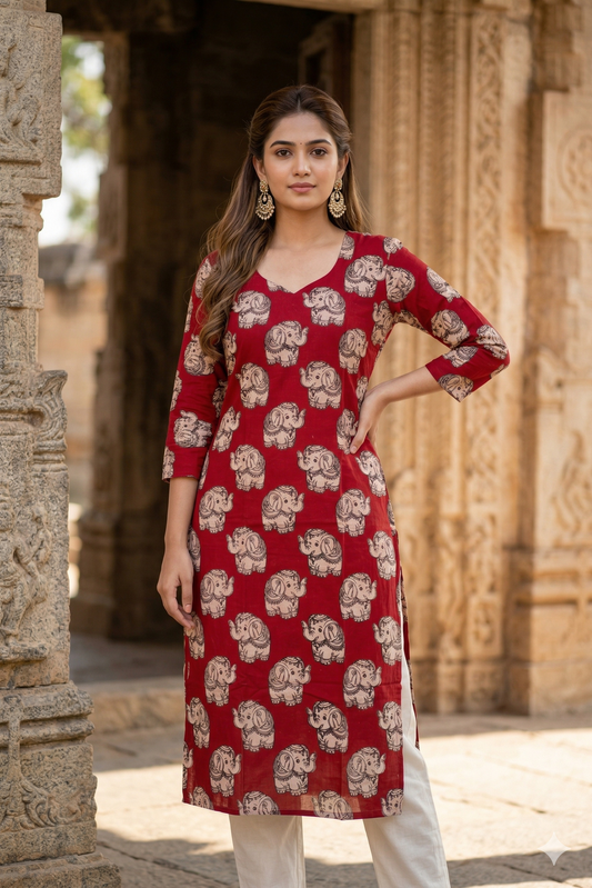 Red & Beige Elephant Print Kalamkari (IB0346)