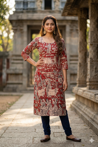 Maroon Village Motif Kalamkari (IB0348)