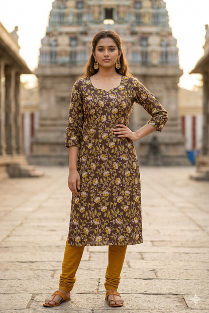 Chocolate Brown Floral Kalamkari (IB0351)