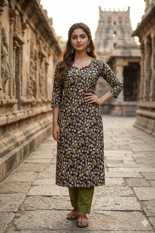Black Floral Print Kalamkari (IB0352)