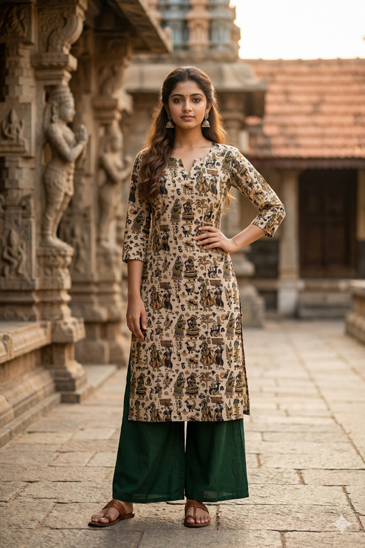 Beige Earth Tone Figurative Kalamkari (IB0354)